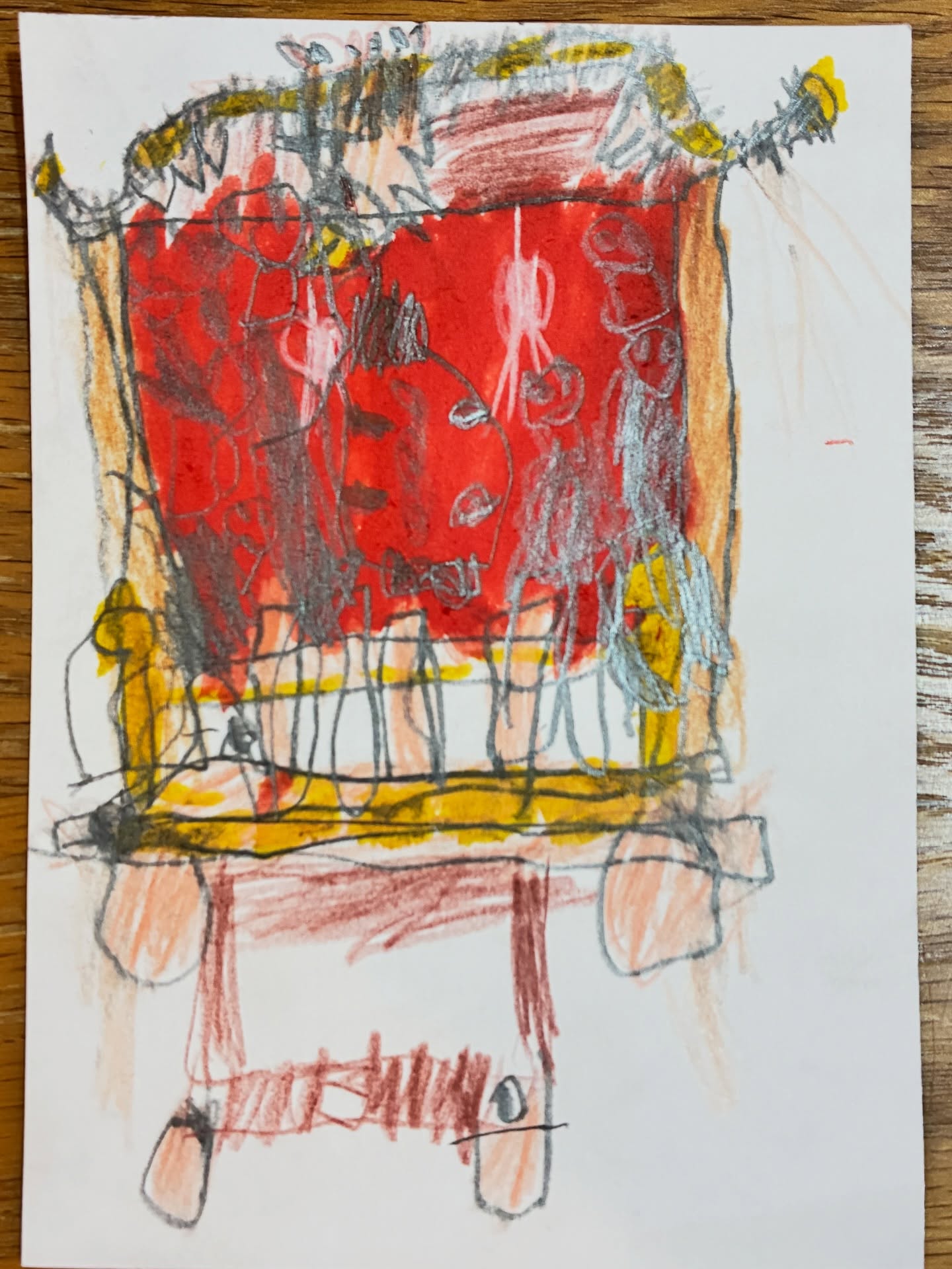 赤と黄色のクレヨンで大きく描かれただんじりの絵
